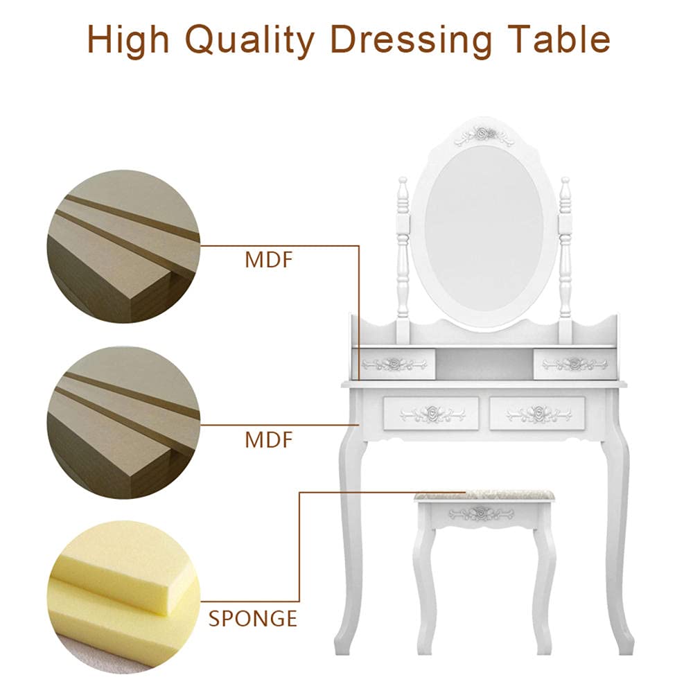 Modern White Vanity Desk Set with Swivel Mirror & 4 Drawers - 3-Piece Makeup Storage Organizer, Cushioned Stool & Computer Desk for Bedroom | Perfect for Beauty Routine, Dressing Area & Home Office Workspace