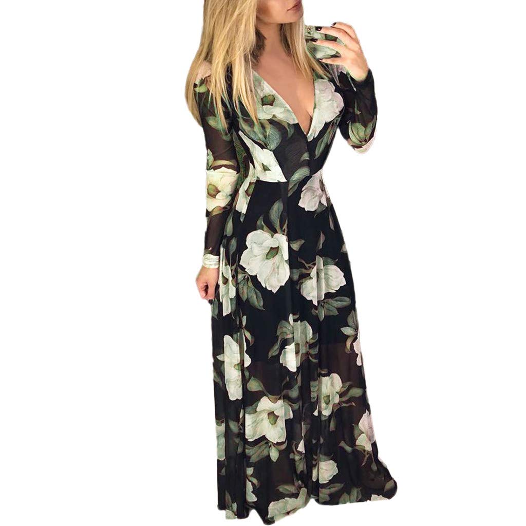 LISTHA Women's Floral V-Neck Maxi Dress with Long Sleeves & High Waist Zip - Elegant Boho Style for Parties, Weddings & Date Nights