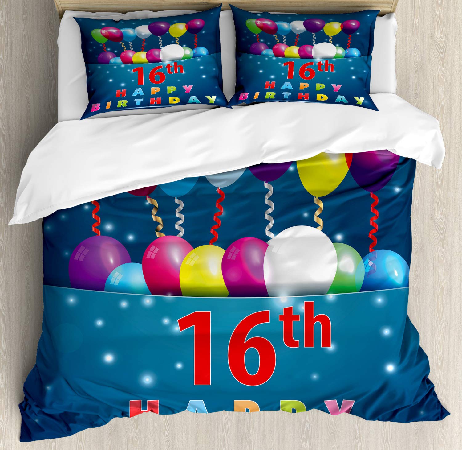 Ambesonne 16th Birthday Duvet Cover Set - 16th Theme Teenage Party Balloons Celebration Design - 3 Piece California King Bedding Set with 2 Pillow Shams - Multicolor Decor for Teen Bedroom & Birthday Party Decorations