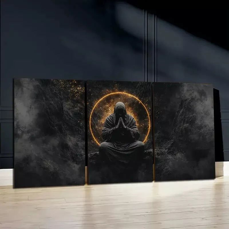 3-Piece Dark Figure Meditating Wall Art Set - Framed Canvas 50x70cm (20x28in) | High Quality Print | 100% Australian Made | Ready to Hang | Perfect for Living Room, Bedroom & Office Decor