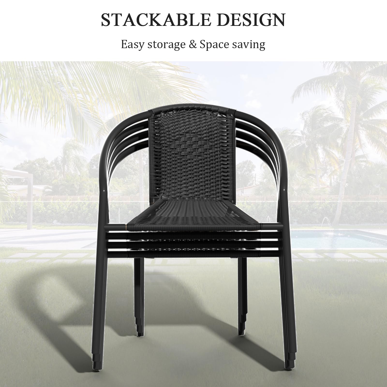 4 Pack Outdoor Patio Chairs - Stackable Wicker Rattan Dining Chairs with Metal Frame for Balcony, Deck, Backyard, Bistro & Porch | Weather-Resistant & Comfortable for Outdoor Entertaining, BBQs & Relaxation (Black)