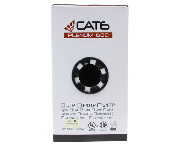 1000FT CAT6 Plenum Bulk Ethernet Cable - CMP UL Listed, Solid Copper UTP, 23 AWG for High-Speed Networking in Offices, Data Centers & Smart Homes
