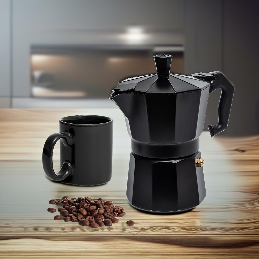 Mixpresso Aluminum Moka Pot Stovetop Espresso Maker - 3 Cup (5 oz) Italian Coffee Brewer for Gas & Electric Stoves with Bonus Coffee Mug - Perfect for Home, Office & Camping Espresso Brewing