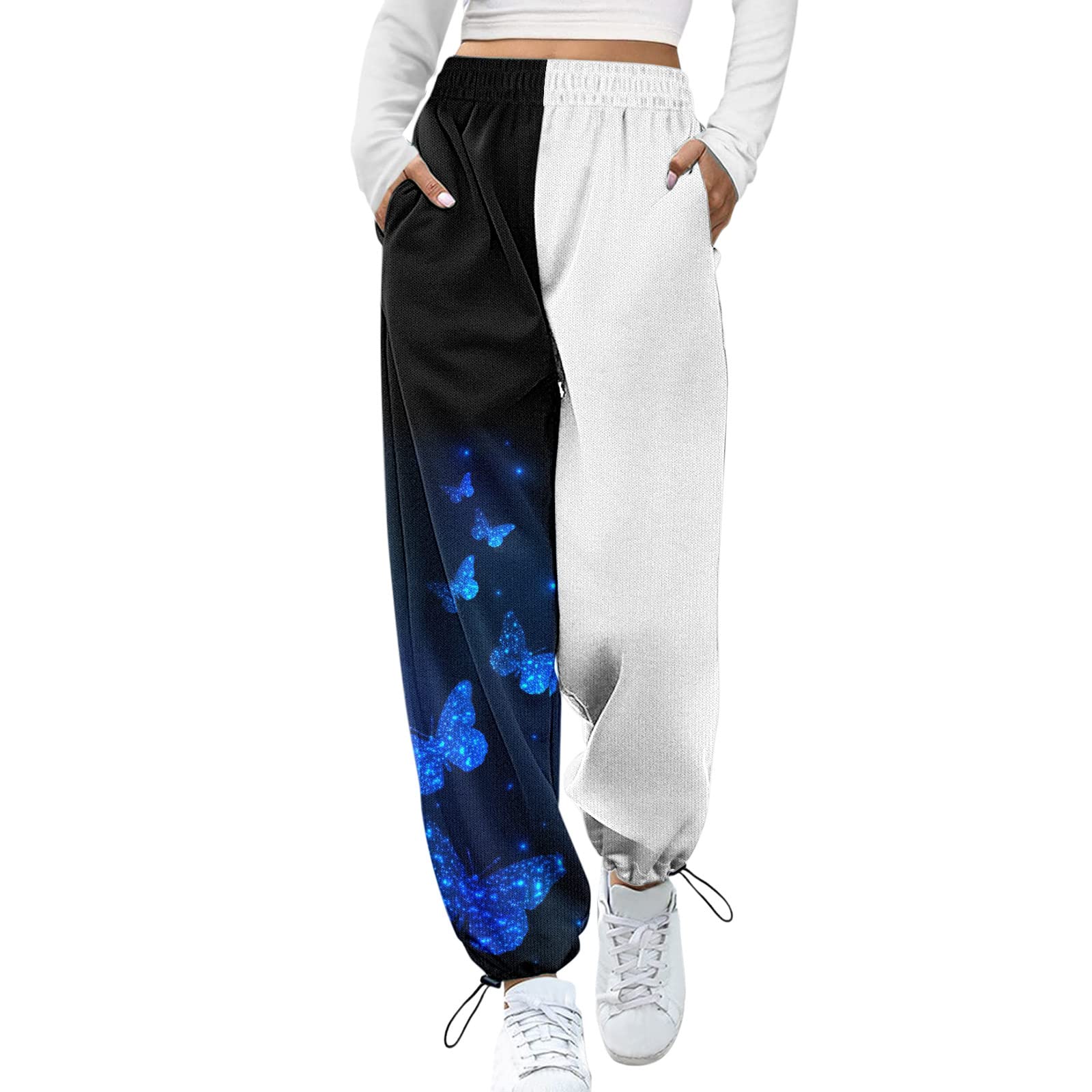 Women's High Waist Plaid Sweatpants - Color Block Casual Stretchy Tapered Pants with Pockets | Black Joggers for Lounge, Workout & Everyday Wear