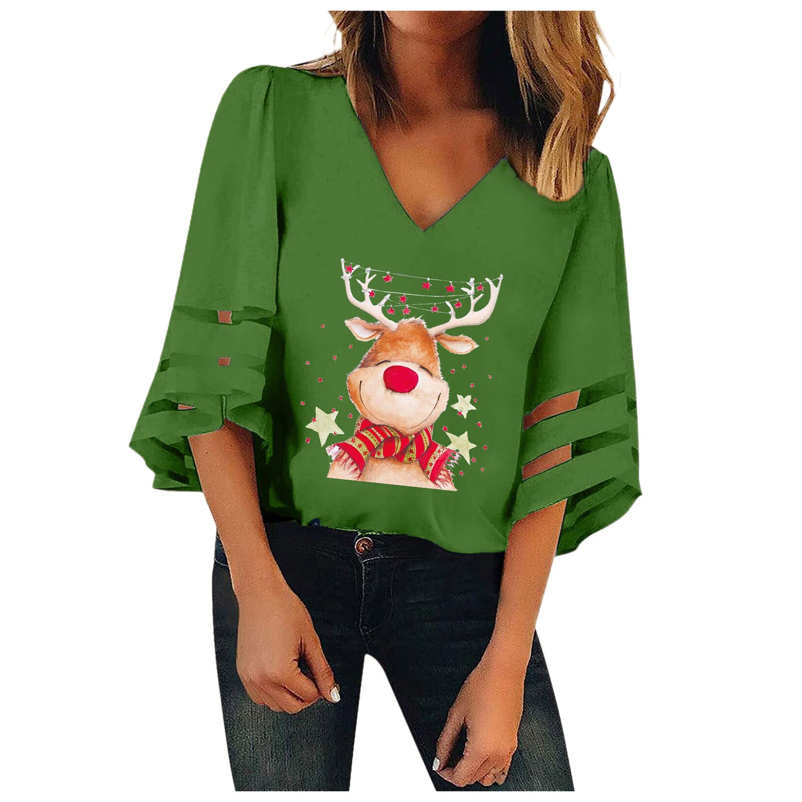Women's Loose Mesh V-Neck Trumpet Top Christmas Blouse - Casual Long Sleeve Hooded Sweatshirt for Holiday Parties & Winter Fashion