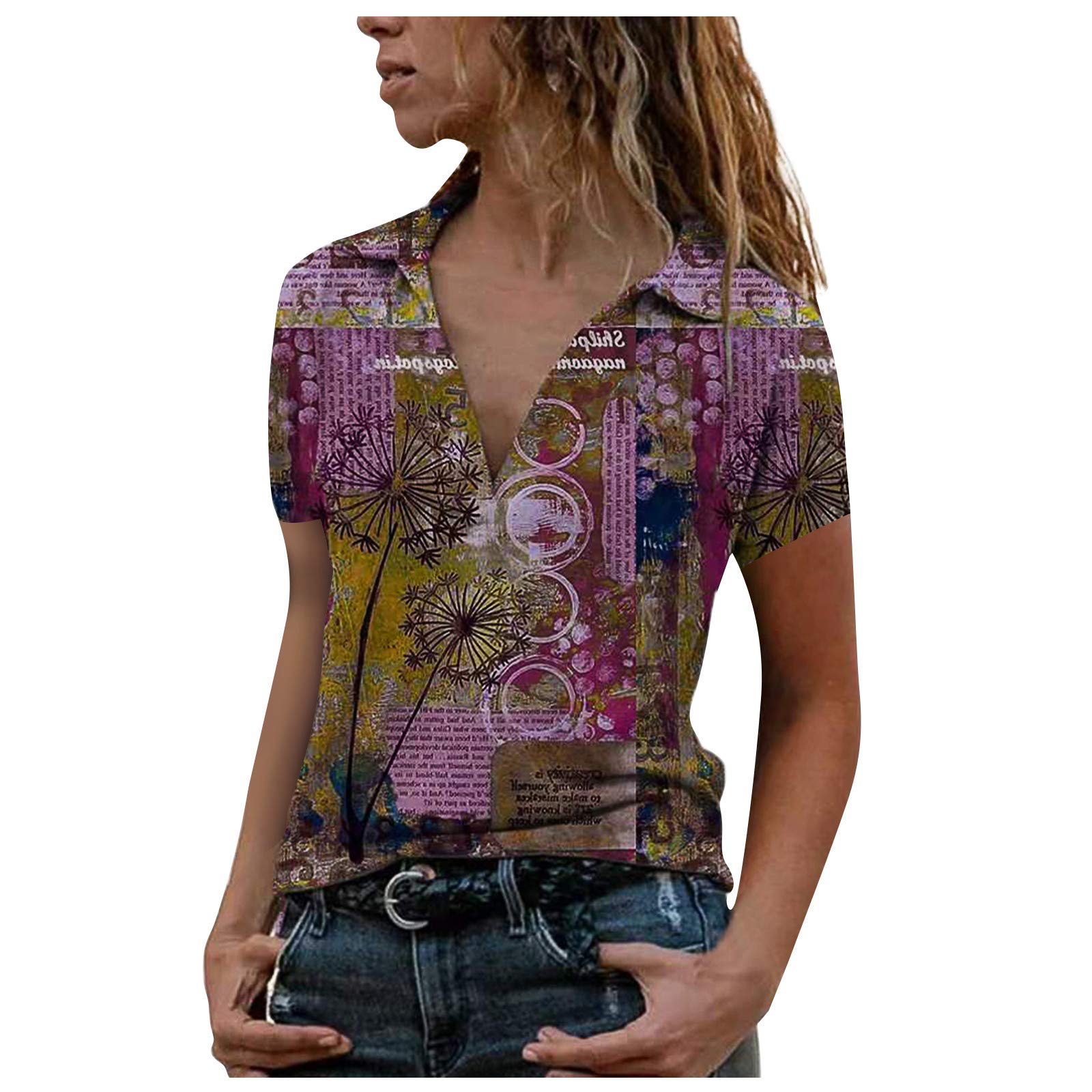 Women's Casual V-Neck Collared Short Sleeve Retro Printed T-Shirt Tunic - Summer Loose Fit Plus Size Blouse | Perfect for Beach Outings, Weekend Wear & Boho Style Outfits