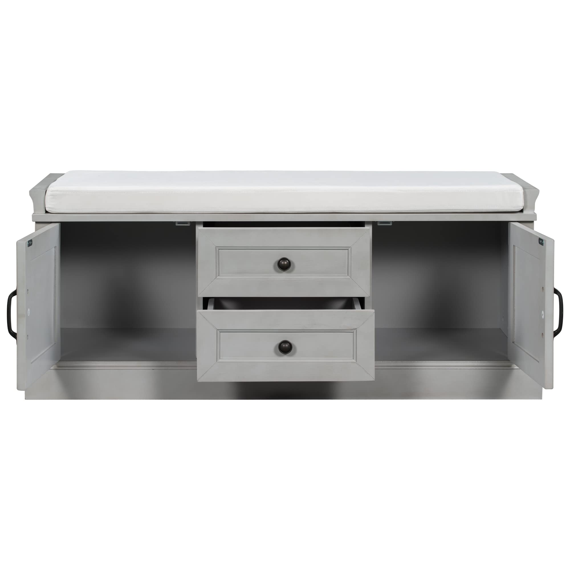 Storage Bench with 2 Drawers & 2 Cabinets - Entryway Bench with Removable Cushions - Shoe Organizer for Hallway, Living Room - Grey - Perfect for Small Spaces & Home Organization