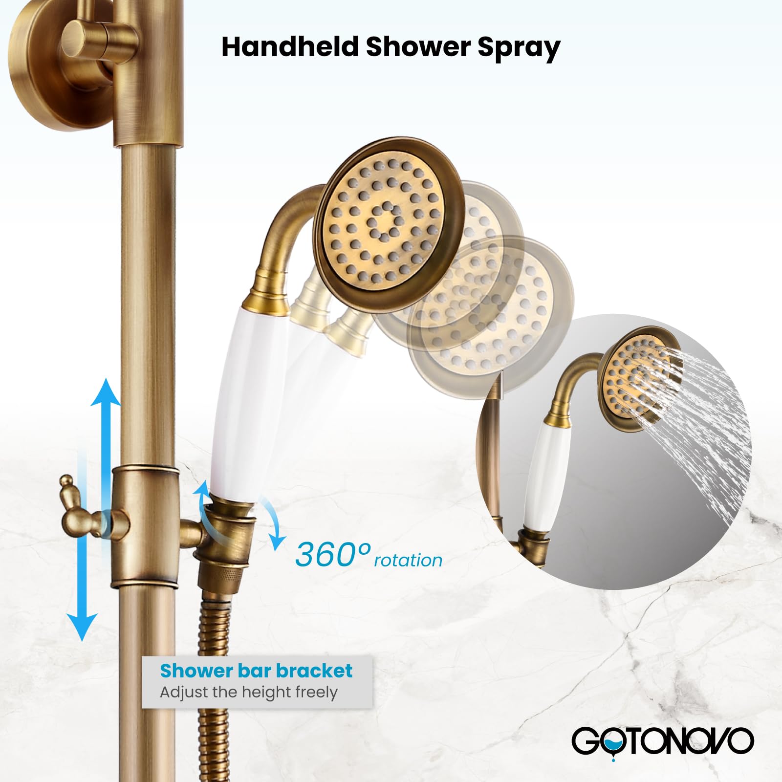 Gotonovo 8 Inch Antique Brass Shower System - Rainfall Shower Head & Handheld Spray Combo with Double Cross Handle - Wall Mount Bathroom Faucet for Luxurious Spa Experience