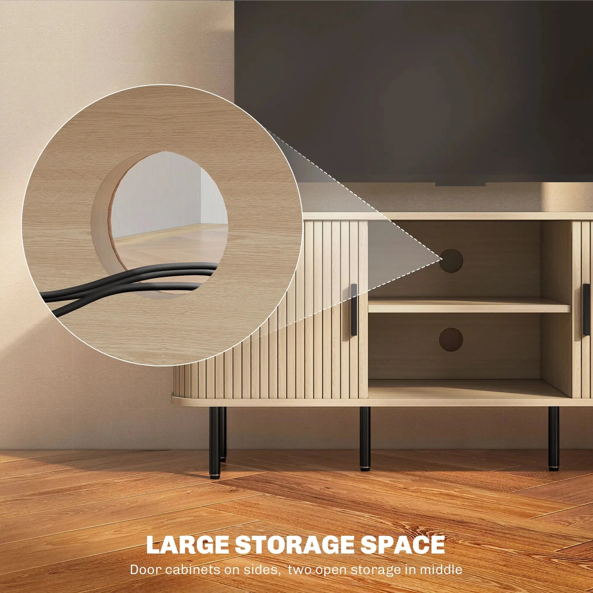 55 Inch TV Stand with Storage Shelves & Cabinets - Solid Wood Oak Finish for Living Room, Bedroom, Home Theater Setup