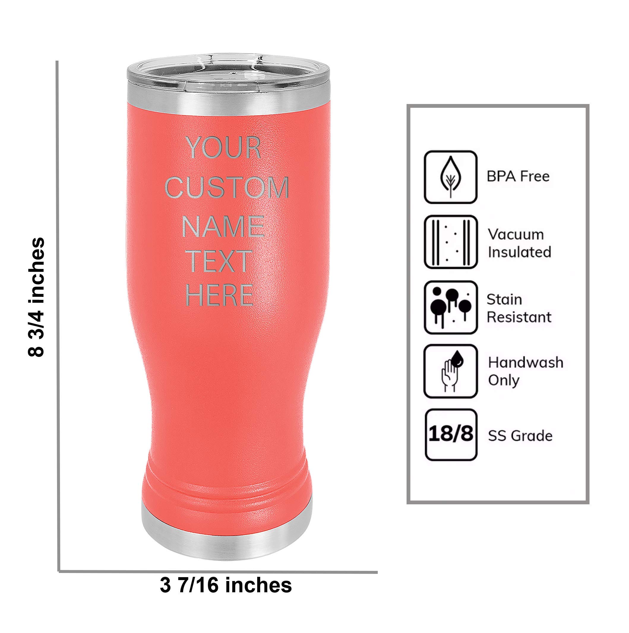 Polar Camel Personalized 20 oz Pilsner Tumbler with Straw - Custom Engraved Vacuum Insulated Cup for Birthday, Holiday & Corporate Gifts - Perfect for Office, Travel & Outdoor Use (Coral)
