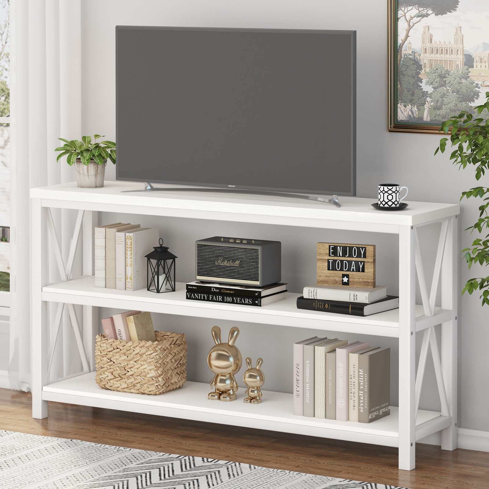 FATORRI 55 Inch Rustic White Oak Console Table with 3 Tier Shelves - Entryway Sofa Table, Modern Hallway & Living Room Furniture for Home Decor | Perfect for Small Spaces, Apartments & Farmhouse Style