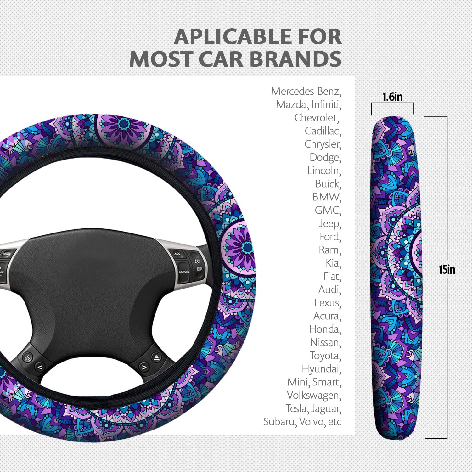 4-Piece Purple Lotus Mandala Steering Wheel Cover Set with 2 Non-Slip Cup Coasters & Keychain - Universal Fit 14-15.5 Inch - Stylish Car Accessories for Women, Boho Decor & Safe Driving