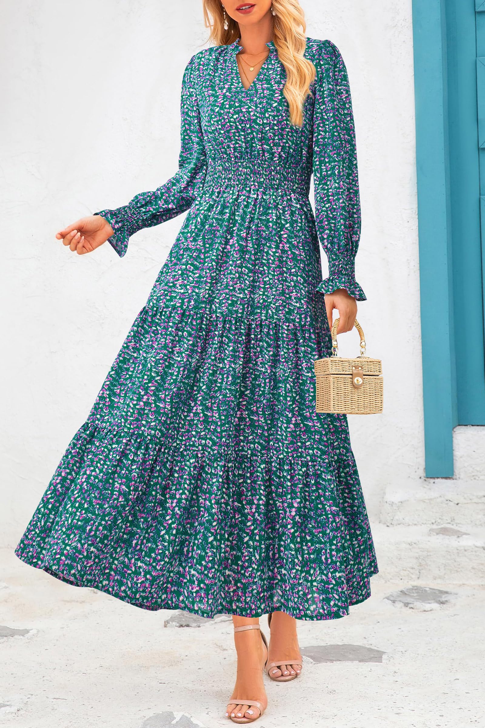 PRETTYGARDEN Women's Floral Maxi Dress 2025 - Spring Long Sleeve V-Neck Boho Dress for Casual Wear, Beach Vacation & Summer Parties | Flowy A-Line Party Dress for Women