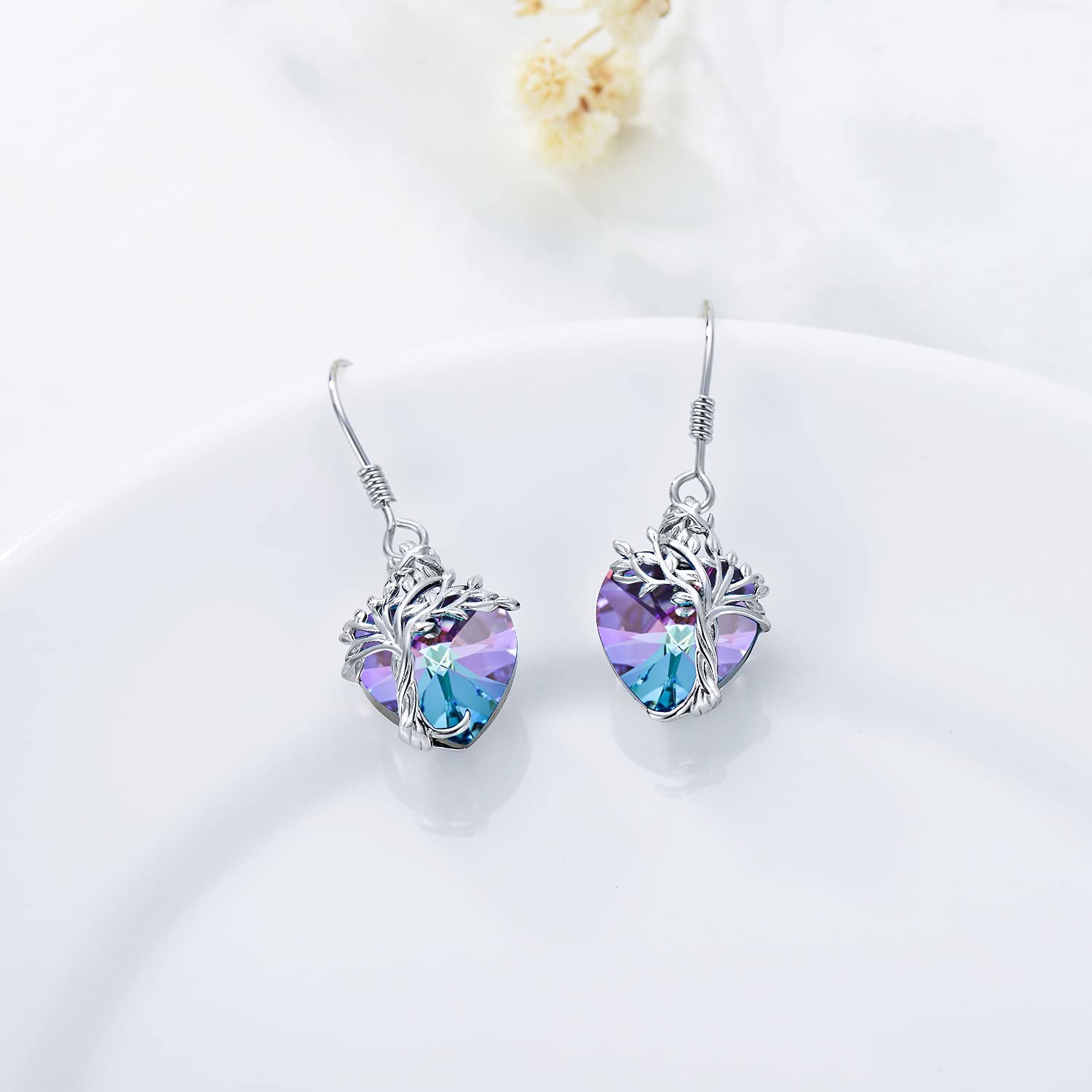 TOUPOP Heart Tree of Life Urn Necklace & Earrings Set with Purple Crystal - Memorial Jewelry Gift for Women, Girls - Perfect for Remembrance, Sympathy & Special Occasions