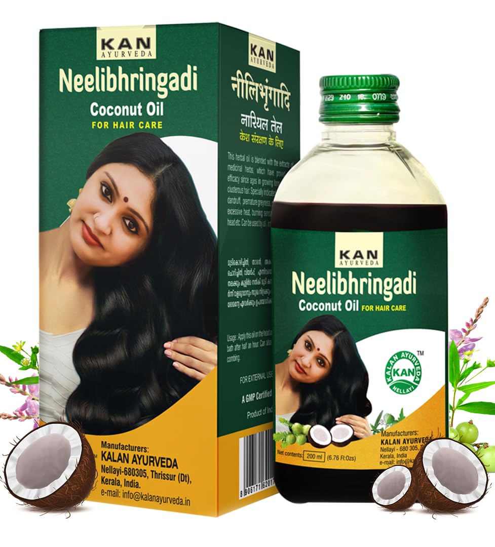 KAN AYURVEDA Neelibhringadi Coconut Hair Oil 200ml - Ayurvedic Hair Growth Treatment with Natural Ingredients from Kerala | Promotes Thicker, Longer & Healthier Hair | Perfect for Daily Hair Care, Scalp Massage & Ayurvedic Hair Therapy