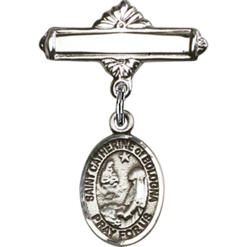 Sterling Silver Baby Badge with St. Catherine of Bologna Charm - 1 X 5/8 Inch Polished Pin for Christening, Baptism & First Communion Gifts - Perfect for Newborn Blessings & Religious Ceremonies