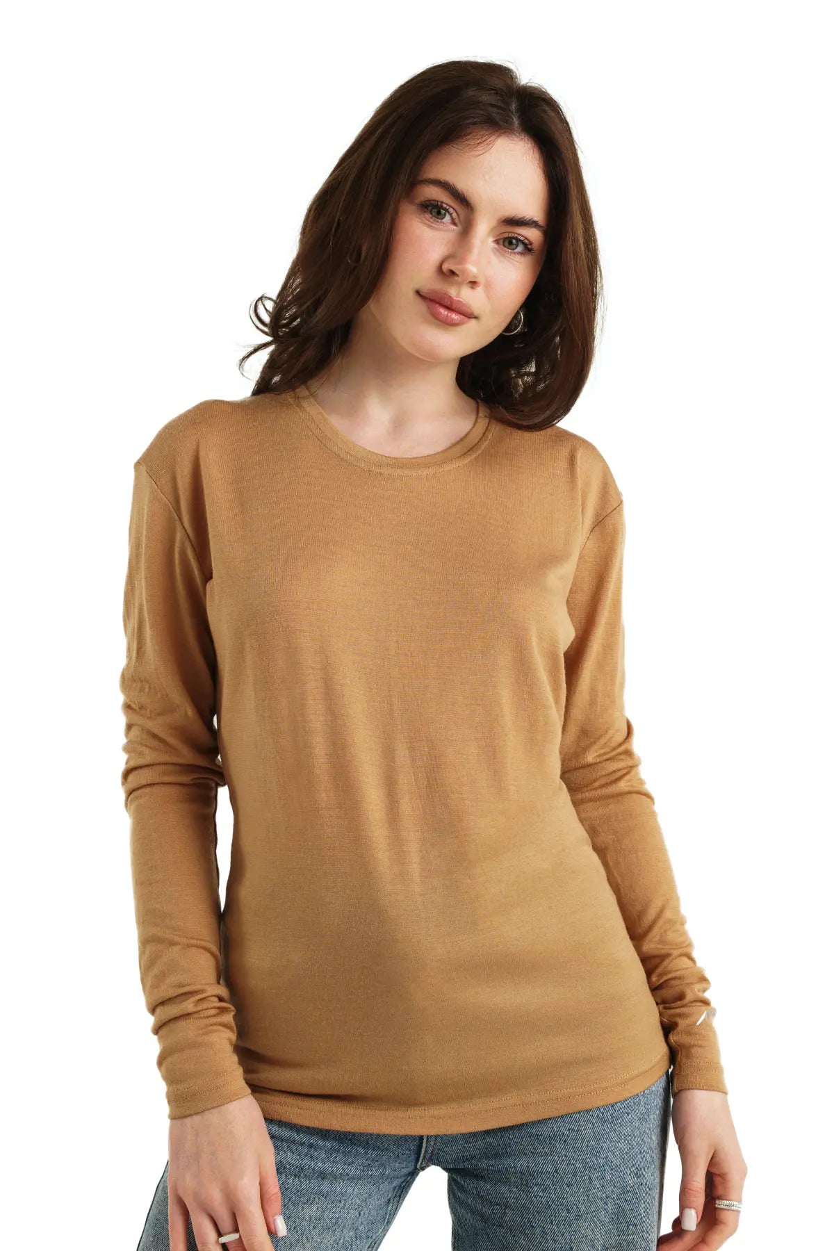 Premium Women's Merino Wool Long Sleeve Sweater - 165 Camel Color - Soft & Warm Winter Pullover for Outdoor Hiking, Office Wear & Casual Fashion