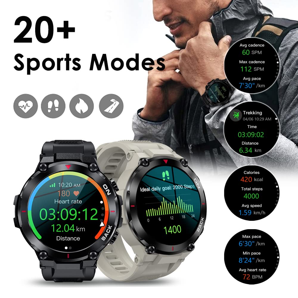 Men's GPS Smart Watch for Android & iOS - Rugged Outdoor Sports Smartwatch with 480mAh Long Battery Life, Fitness Tracker for Steps, Heart Rate, Blood Oxygen & Sleep Monitoring - Perfect for Hiking, Running & Daily Activity Tracking