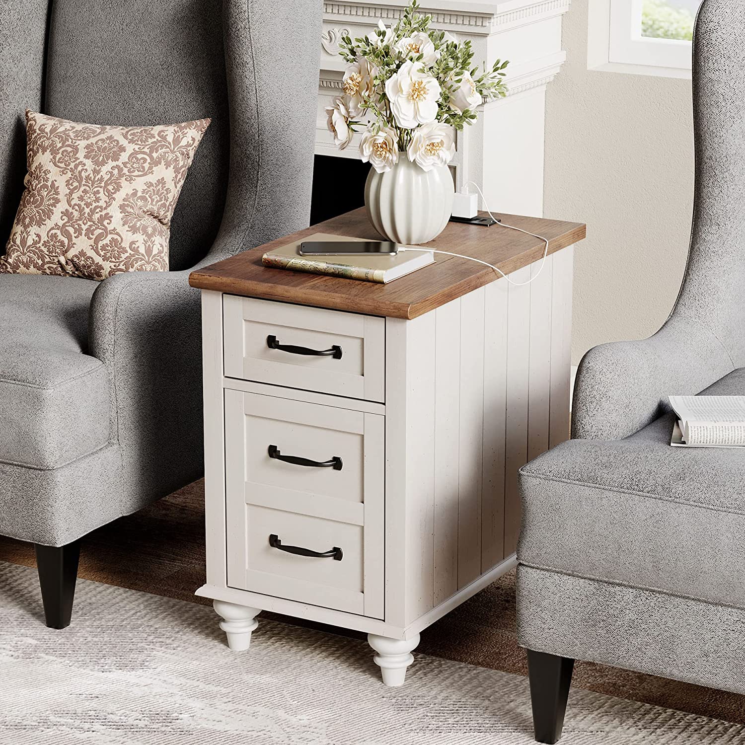 WAMPAT 2-Piece Bedroom Furniture Set - 5-Drawer Tall Dresser & Nightstand with USB Charging Station, Storage Cabinet - Modern Bedroom Dresser Set in Off White - Perfect for Small Spaces, Apartments & Guest Rooms