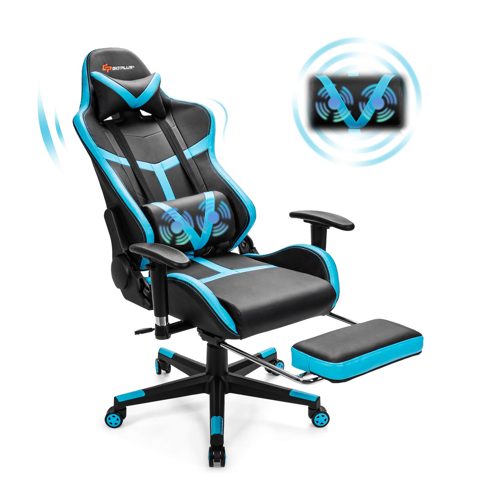 Goplus Ergonomic Gaming Chair - High Back PU Leather Office Computer Chair with Massage, Adjustable Reclining & Footrest for PC Gaming, Racing, Work & Home Use (Blue) | Comfortable Executive Swivel Rolling Chair for Gamers & Professionals