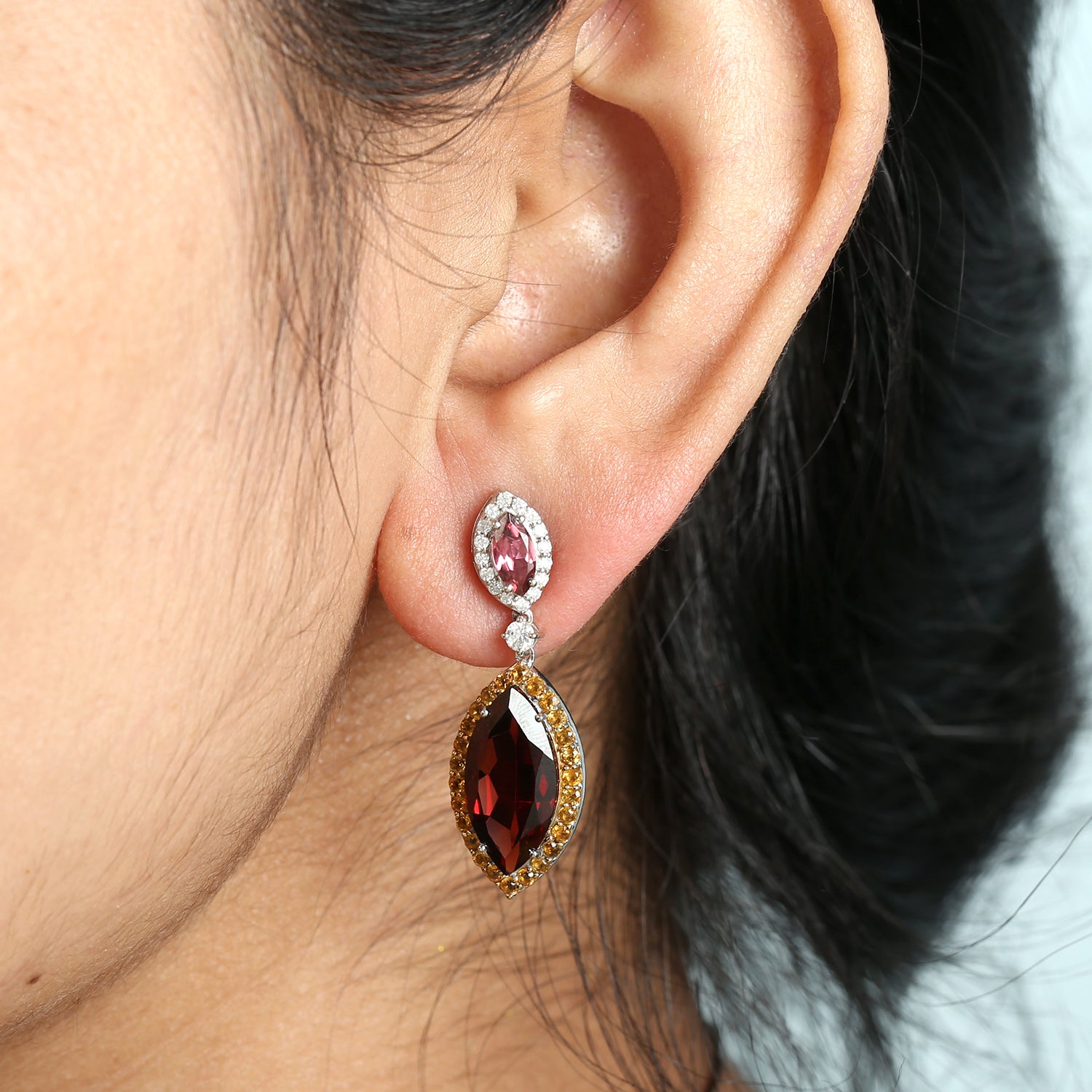 Exquisite Marquise Garnet & Pink Tourmaline Pave Citrine Prong Diamond Dangle Earrings in 14K White Gold - Perfect for Weddings, Anniversaries & Special Occasions