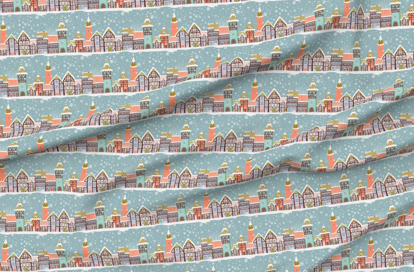 Timber Framed Houses in Snow Printed Upholstery Velvet Fabric by The Yard - Home Decor & Apparel Material for Sofa, Curtains, Dresses (Spoonflower Fabric)