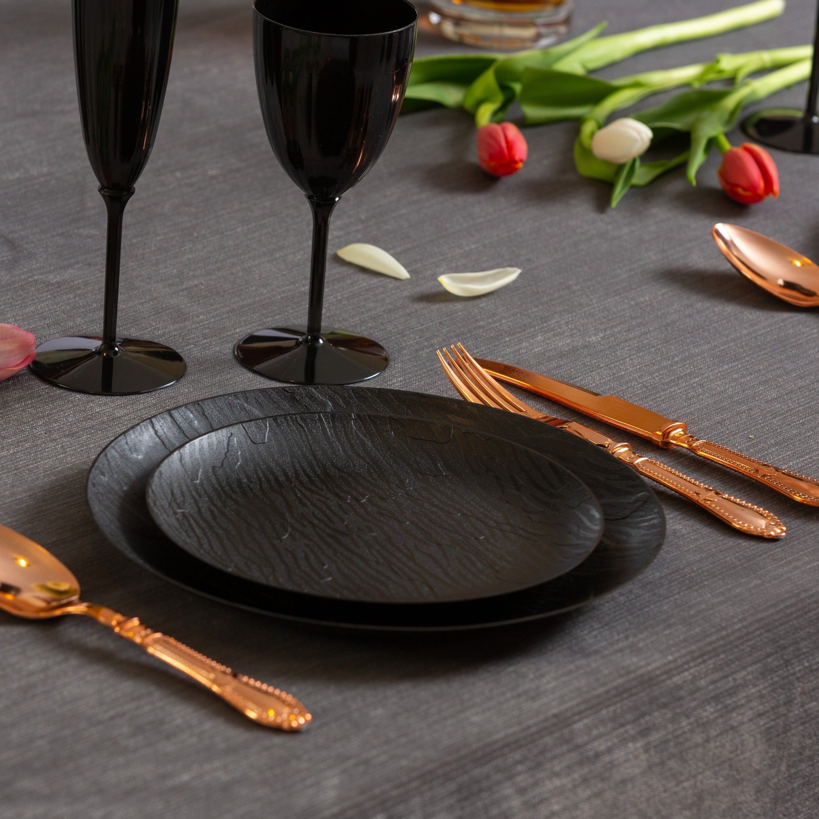 Premium Black Round Plastic Plates - Durable & Elegant Mahogany Finish - Perfect for Parties, Picnics, and Outdoor Dining