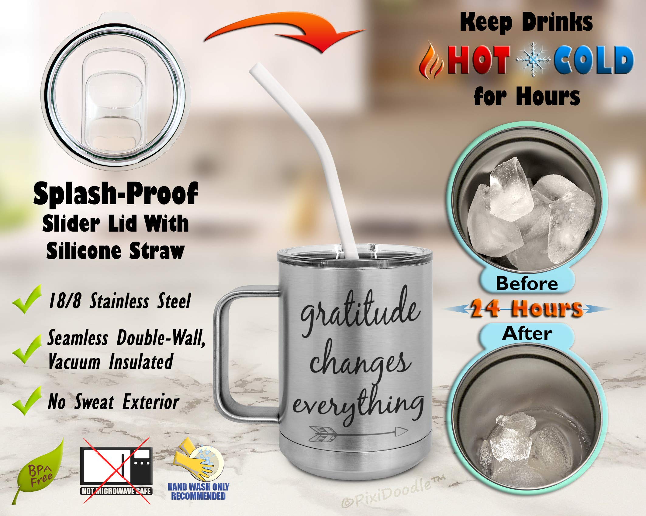 PixiDoodle Insulated Coffee Mug with Spill-Resistant Lid & Silicone Straw - 15oz Silver Tumbler for Hot/Cold Drinks - Perfect for Office, Travel, and Gift Giving - Inspirational Thankful Gratitude Design
