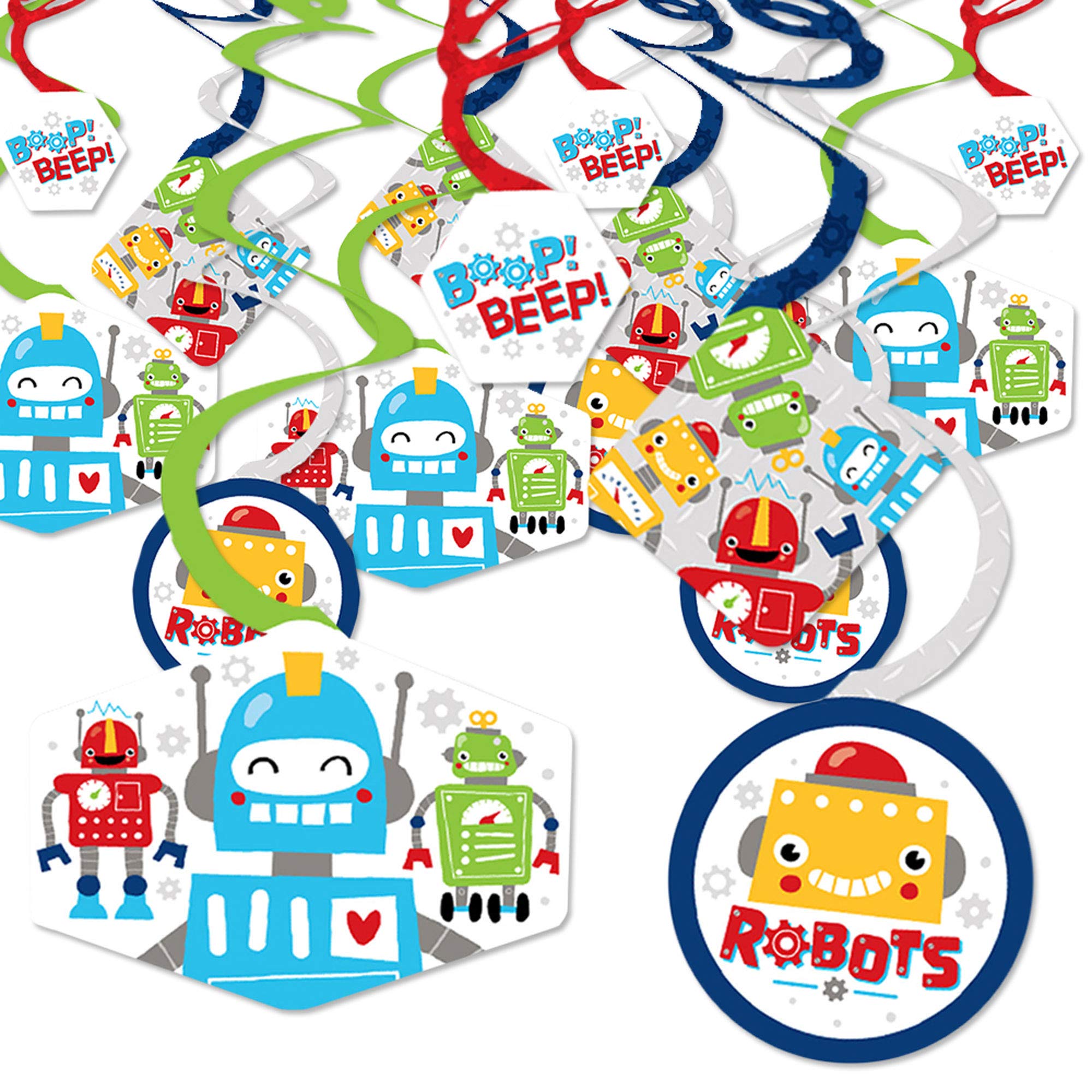 Big Dot of Happiness Gear Up Robots Hanging Decor - 40-Piece Set for Birthday Parties, Baby Showers & Kids Room Decorations - Colorful Swirls for Party & Nursery Decor