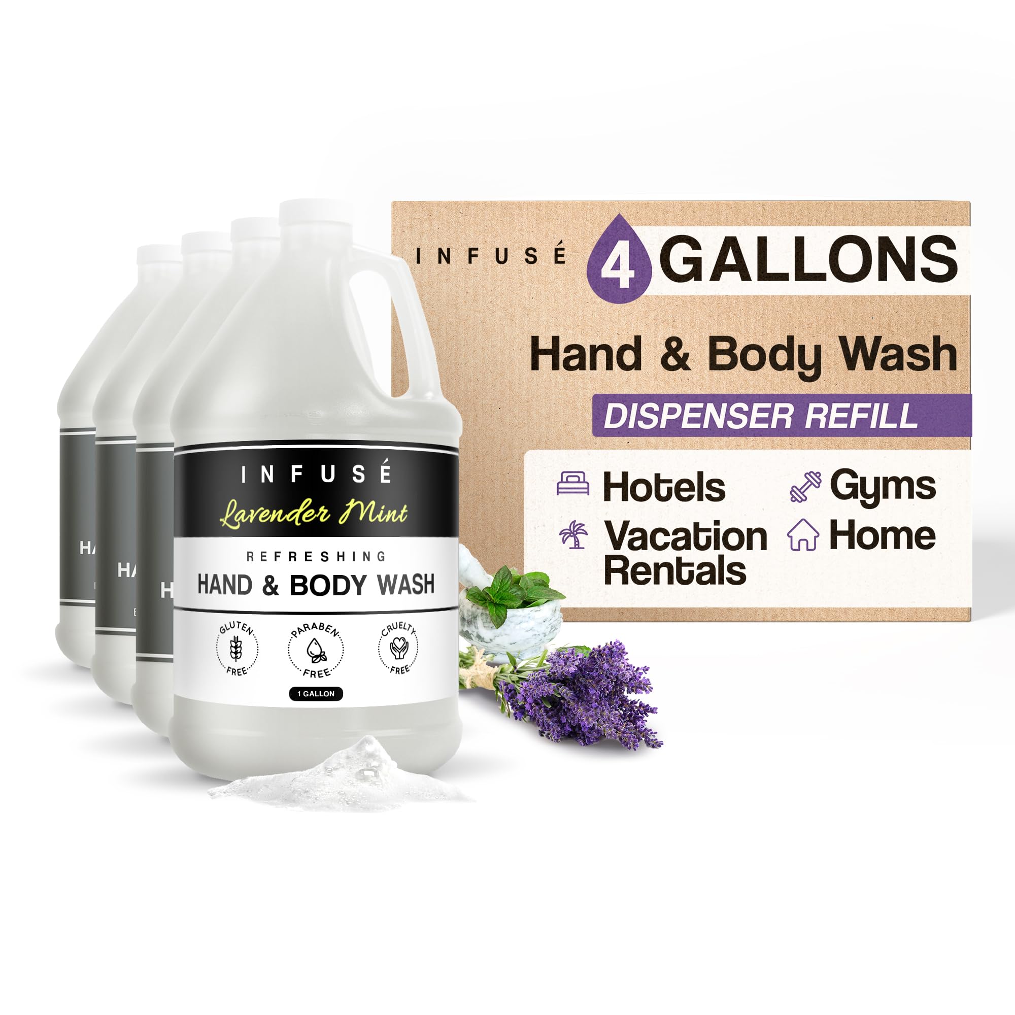Terra Pure Infuse Hotel Hand & Body Wash - 1 Gallon Bulk Refill for Hospitality & Vacation Rentals | Premium Liquid Soap for Dispensers in Hotels, Spas & Airbnb (4-Pack) | Ideal for Guest Bathrooms & Commercial Use