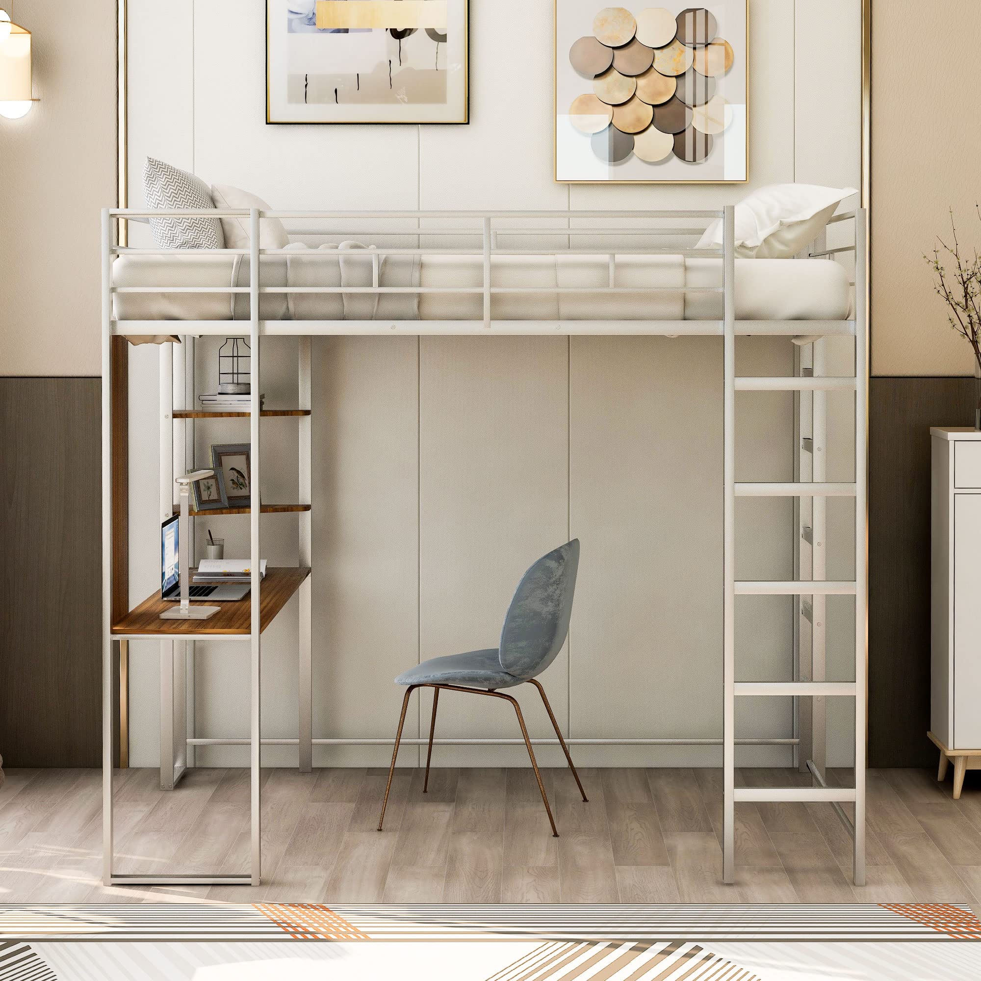 **Full Metal Loft Bed with Desk & Shelves - Heavy Duty Steel Frame for Kids, Teens & Adults (Silver) - Space-Saving Study & Sleep Solution for Small Rooms**