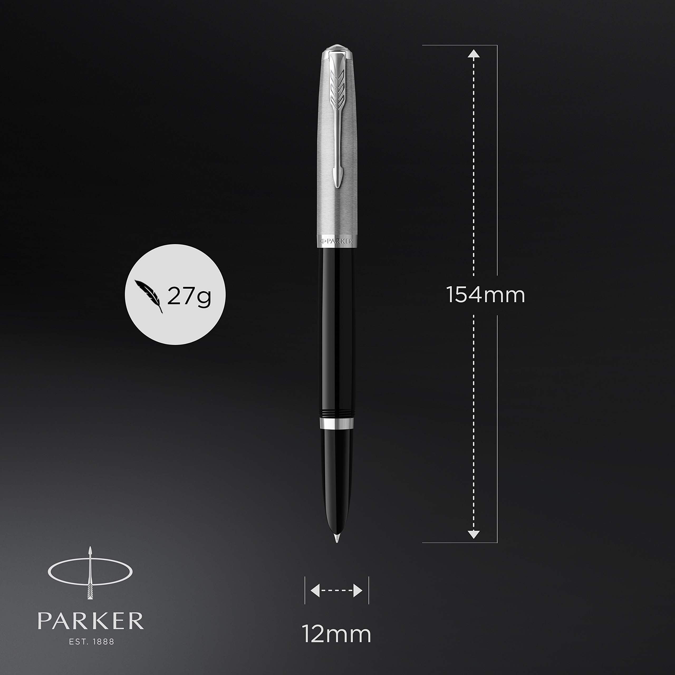 Parker 51 Fountain Pen - Black with Chrome Trim - Fine Nib & Black Ink Cartridge - Luxury Writing Instrument - Perfect for Business, Calligraphy & Gift Giving