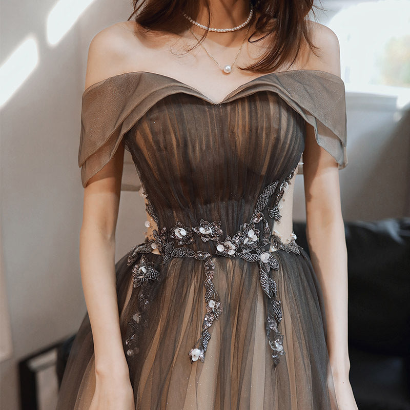 Gradient Coffee Off Shoulder Tulle Prom Dress - A-Line Long Evening Party Gown for Homecoming, Wedding, Quinceañera & Formal Events