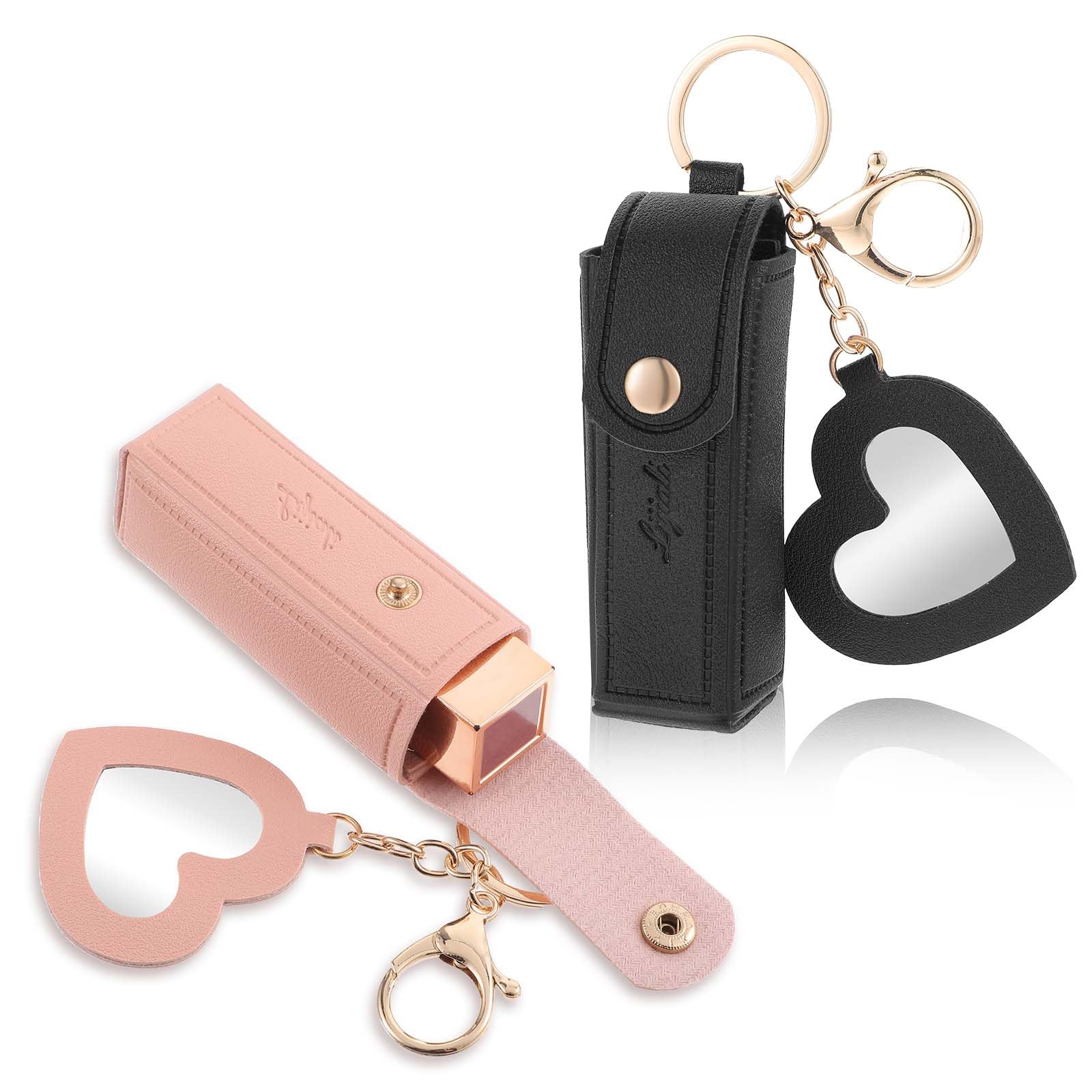 Cobee Women's Lipstick Holder Keychain with Mirror - 2Pcs Soft PU Leather Portable Chapstick Holder & Lipstick Pouch with Metal Key Ring - Perfect for Travel, Party, Gift & Everyday Makeup Organizer