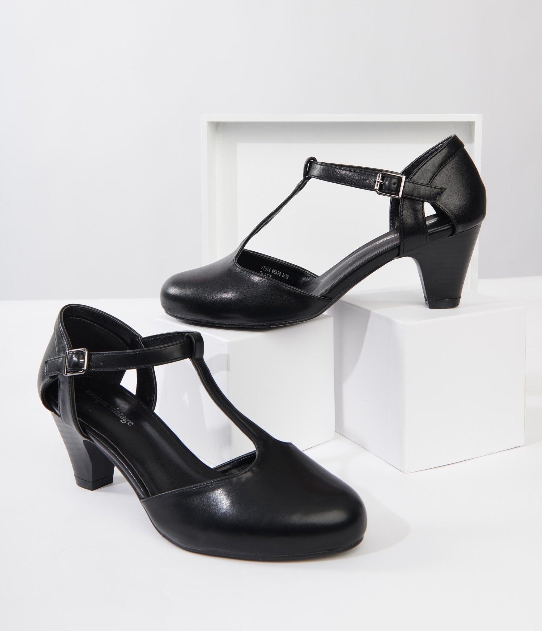 Vintage 1920s Black Leatherette Closed Toe T-Strap Roxy Pumps - Retro Flapper Shoes for Gatsby Parties, Swing Dancing & Costume Events