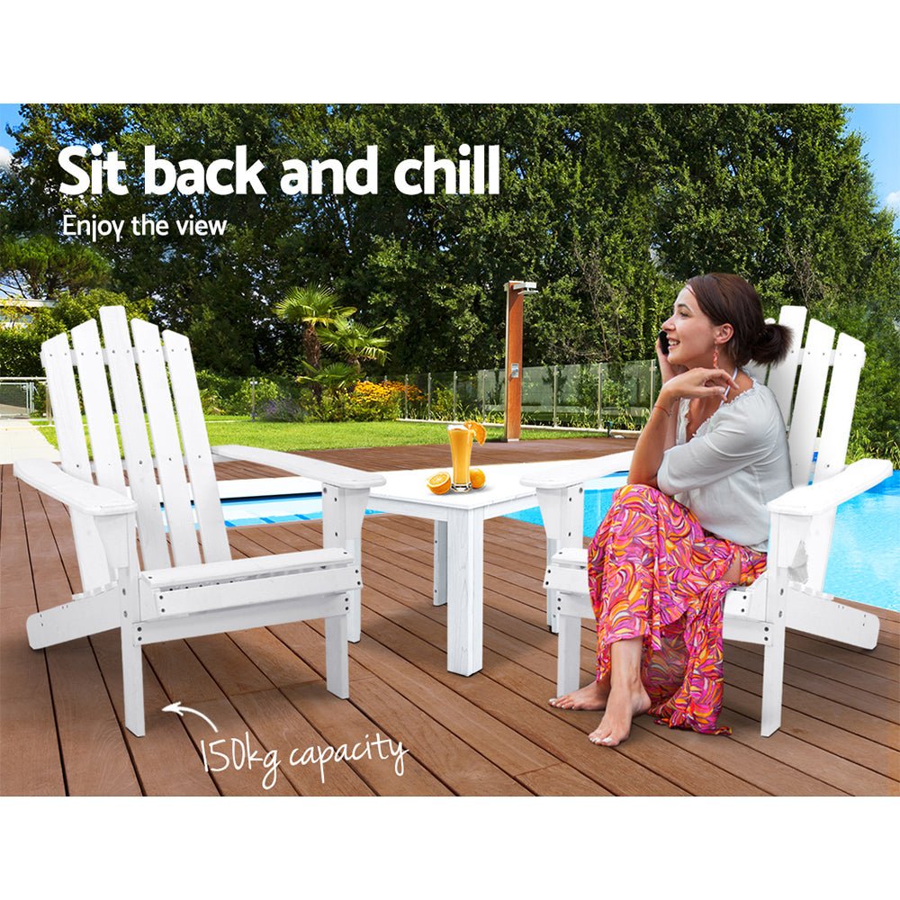 3-Piece White Wooden Adirondack Outdoor Table and Chairs Set - Perfect for Beach, Patio, Garden, and Backyard Relaxation