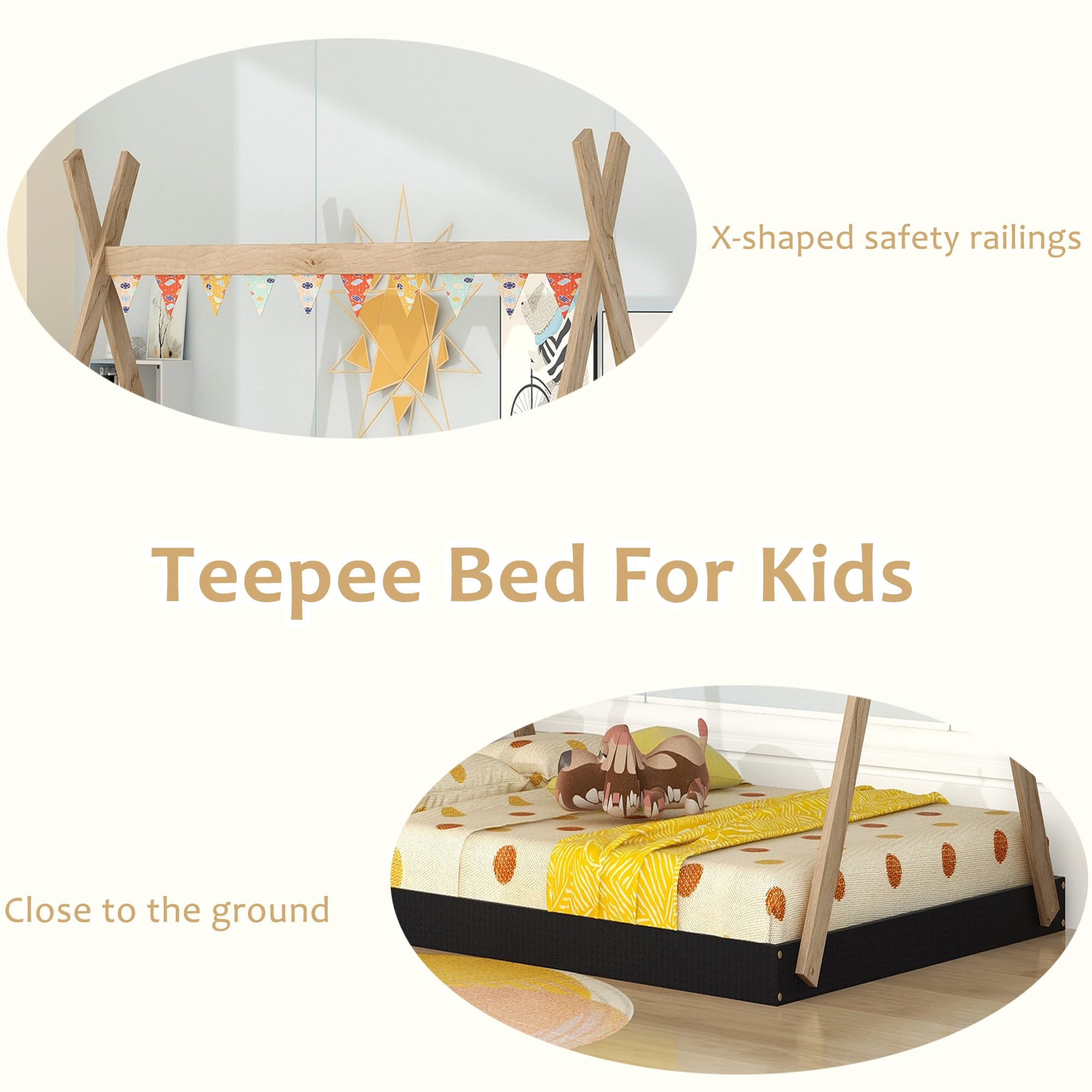 Bellemave Full Size Tent Floor Bed Frame with Sturdy Triangle Structure - Montessori Teepee Platform Bed for Kids, Girls & Boys (Full Size, Black & Brown) - Perfect for Playrooms, Bedrooms & Montessori Learning Spaces