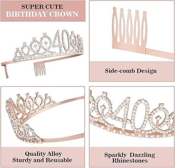 40th Birthday Party Decorations for Women - Gold Crown/Tiara, Satin Sash, Elegant Cake Topper & Candles Set - Perfect 40th Birthday Gift for Her - Great for Milestone Celebrations, Surprise Parties & Photo Backdrops