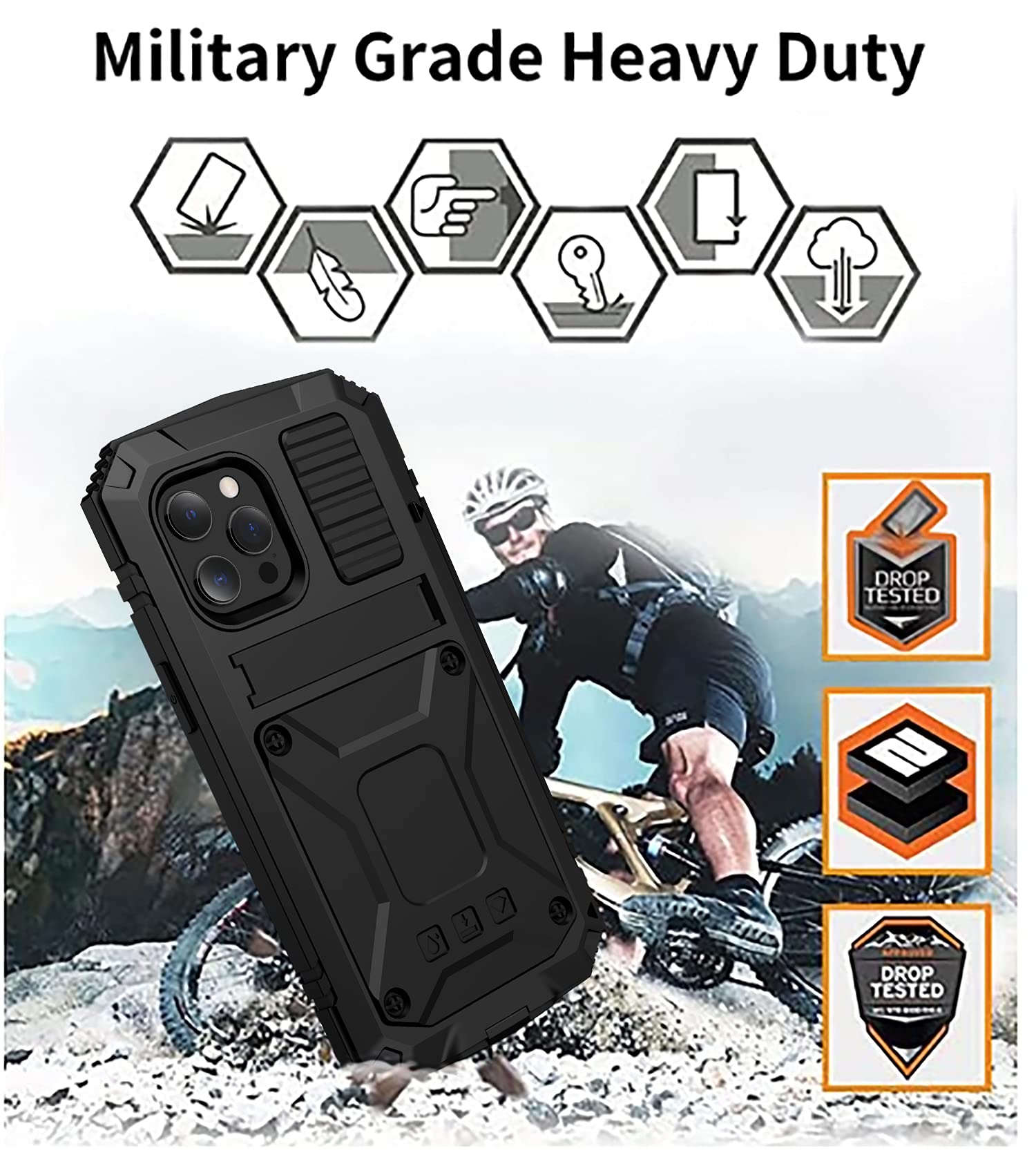 Premium Heavy Duty Shockproof iPhone 13 Pro Max Case (6.7 Inch) - Metal Stand with Built-in Screen Protector for Outdoor Sports & Extreme Protection (2021 Model, Black) | Perfect for Hiking, Travel & Active Lifestyles