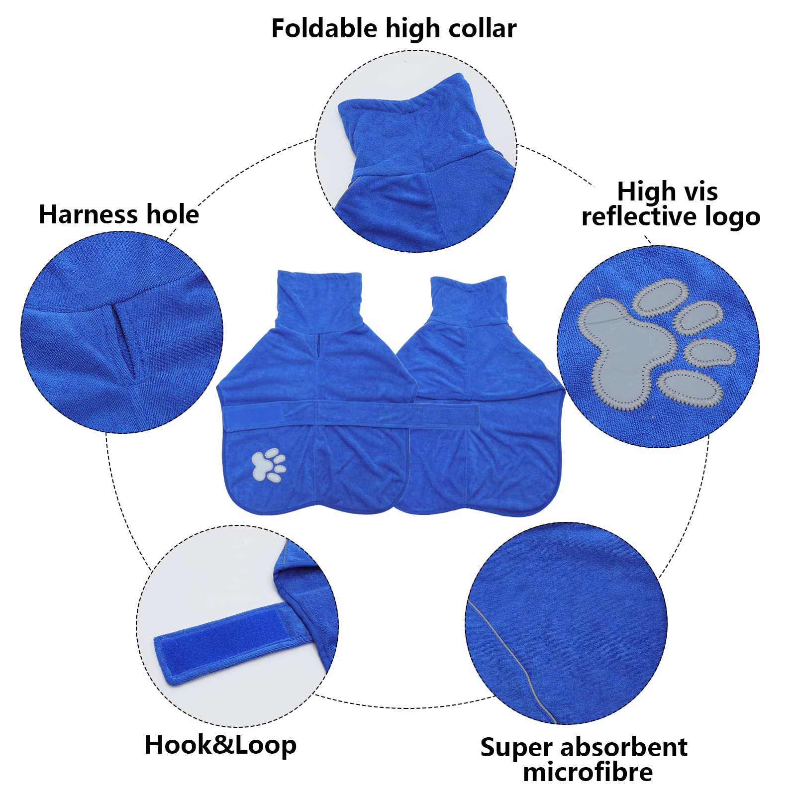 **Super Absorbent Dog Drying Coat & Bathrobe Towel Wrap - Microfiber Puppy Gown with Reflective Strips for Quick Drying - Blue - Size S | Perfect for Post-Bath, Grooming & Indoor Lounging**