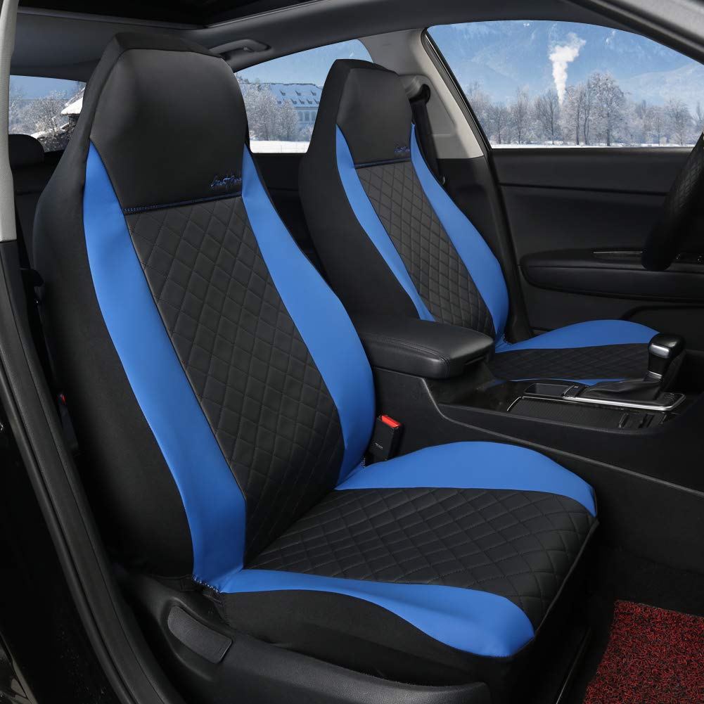 Premium Giant Panda Front Car Seat Covers - Leather High Back Bucket Seat Protectors for Cars, Trucks, SUVs, Jeep, Van & Pickup | Airbag Compatible (Black & Blue) | Perfect for Daily Commute, Road Trips & Off-Road Adventures