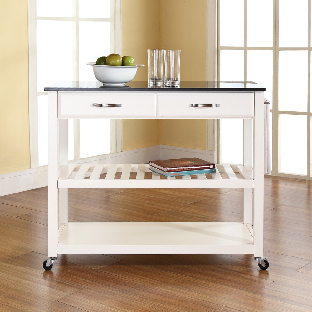 Crosley White Granite Top Kitchen Prep Rolling Cart with Shelves - Microwave Stand, Coffee Bar, Storage Organizer for Small Spaces, Home, Office & Dorm Use