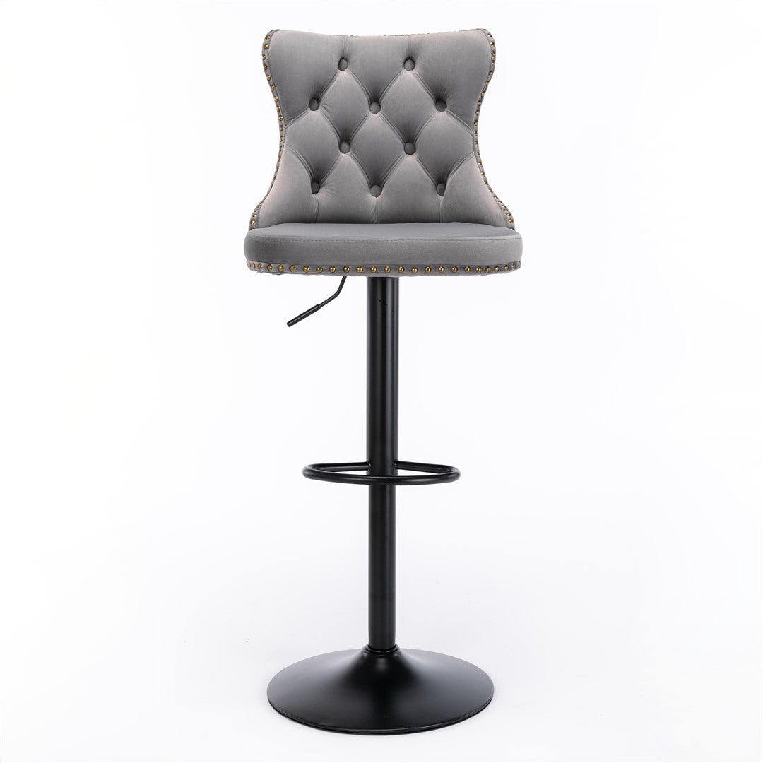 Adjustable Height Swivel Bar Stools with Footrest - Velvet Upholstered Nailhead Accent Bar Chairs for Kitchen Island, Home Bar & Dining Counter - Set of 2