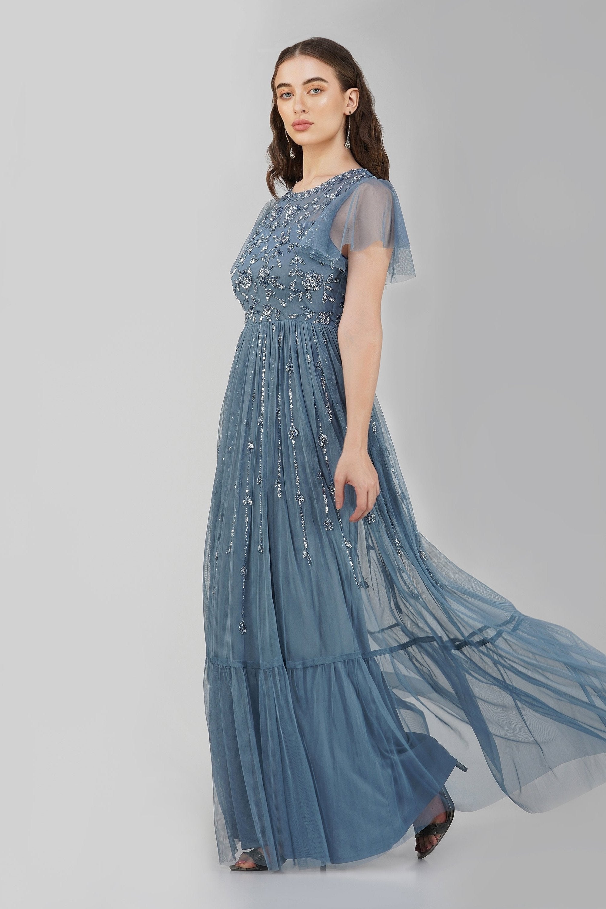 Elegant Marly Blue Embellished Maxi Dress for Women - Perfect for Weddings, Parties & Special Occasions | Flowy Long Formal Gown with Beaded Details