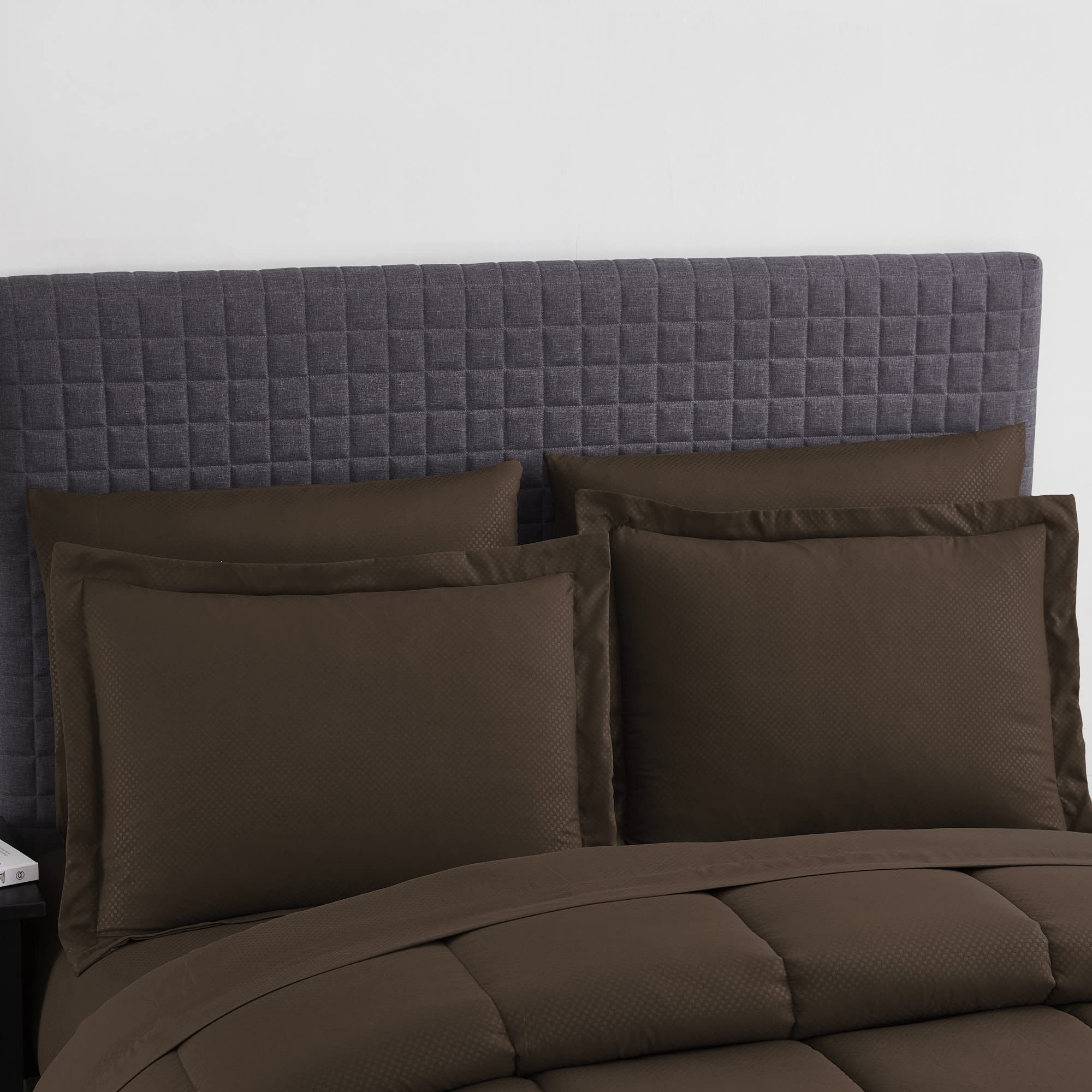 8-Piece Queen Comforter Set - Bed in a Bag with Bed Skirt, Fitted Sheet, Flat Sheet, 2 Pillowcases & 2 Shams - Checkered Chocolate Pattern - Perfect for Master Bedroom, Guest Room & Dorm Decor