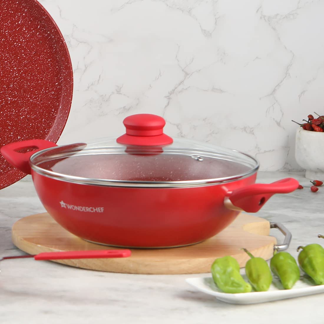 Wonderchef Royal Velvet Non-Stick Stir Fry Wok - 24cm Red Aluminum Cookware with Lid - PFOA & Nickel Free - Perfect for Indian, Chinese & Asian Cuisine - Ideal for Stir-Frying, Sautéing & Deep Frying