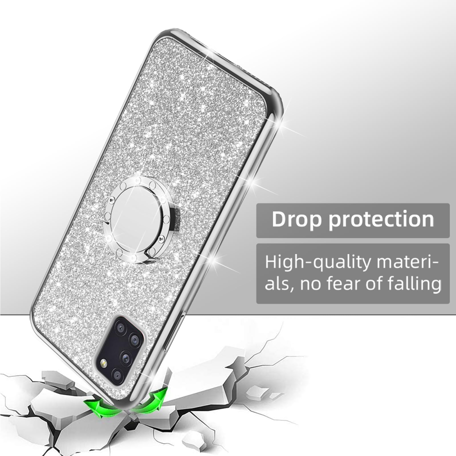 Cute Glitter TPU Phone Case for Samsung Galaxy A31 - Shockproof Protective Cover with Diamond Ring Stand & Strap Lanyard - Silver | Perfect for Women & Girls, Ideal for Daily Use, Work, Travel & Outdoor Activities