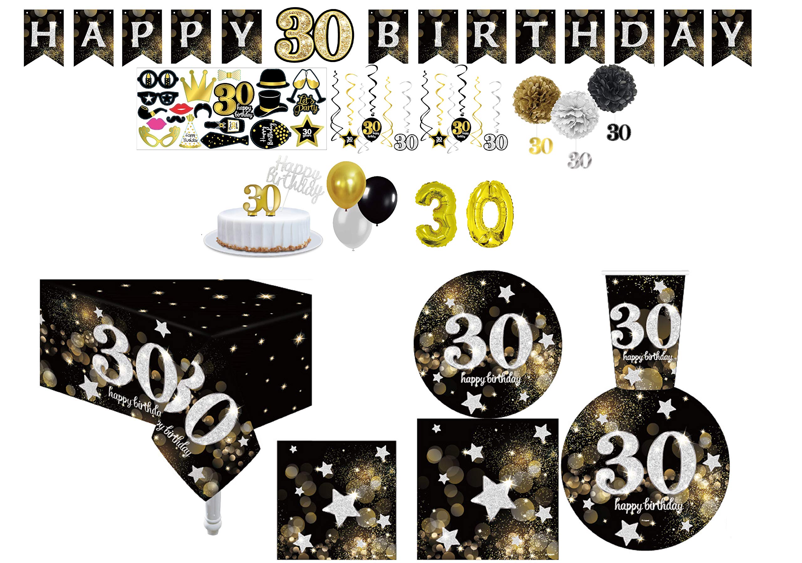 30th Birthday Party Supplies Set - 9 Inch Dinner Plates, 7 Inch Dessert Plates, 12oz Cups & 3-Ply Napkins with Swirl Design - Includes Cake Topper & Number 30 Candle - Perfect for Milestone Celebrations, Anniversary Parties & Special Occasions