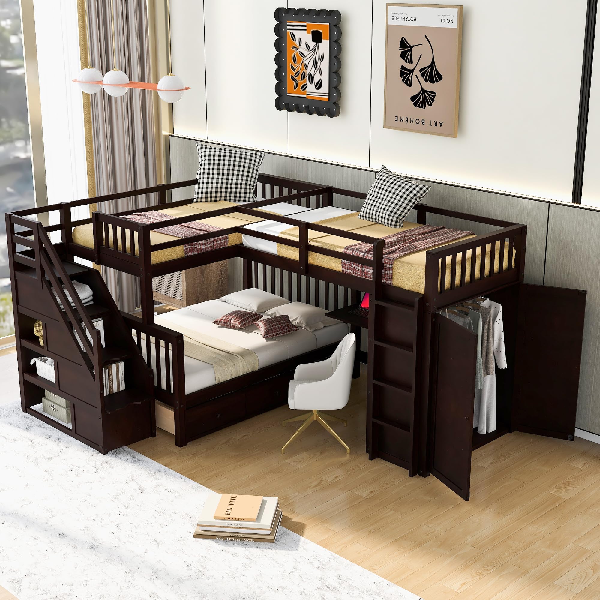 L-Shaped Triple Bunk Bed with Storage Staircase, Wardrobe, Desk & Drawers - Solid Wood Space-Saving Bunk Bed for 3 Kids, Teens or Adults (Twin Over Full, Espresso Finish) - Perfect for Small Bedrooms, Guest Rooms & Shared Kids' Rooms