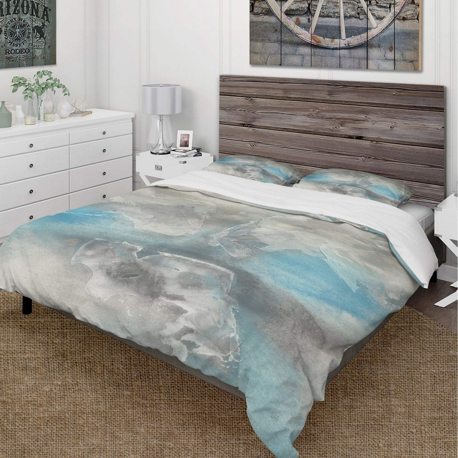 Designart 'Watercolor Minimal Blue Tones I' Cottage King Size Bedding Set - Duvet Cover & 2 Shams (Comforter Not Included) | Soft Luxury Bedroom Decor for Coastal, Farmhouse or Modern Home Styling
